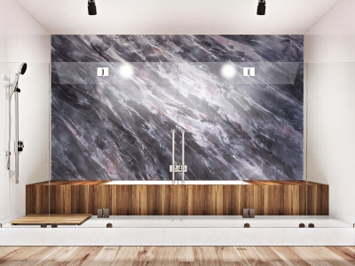 Стена в ванной с эффектом слэба черного мрамора